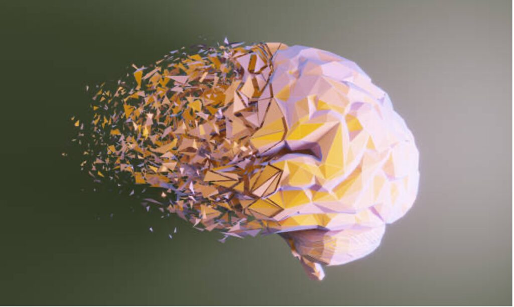 A digital rendering of a purple and yellow brain can be seen in front of a dark green background. The front of the brain dissipates while the back half remains intact.