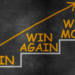 Blackboard with chalk that draws an arrow with steps that say 'win', 'win again', 'win more'