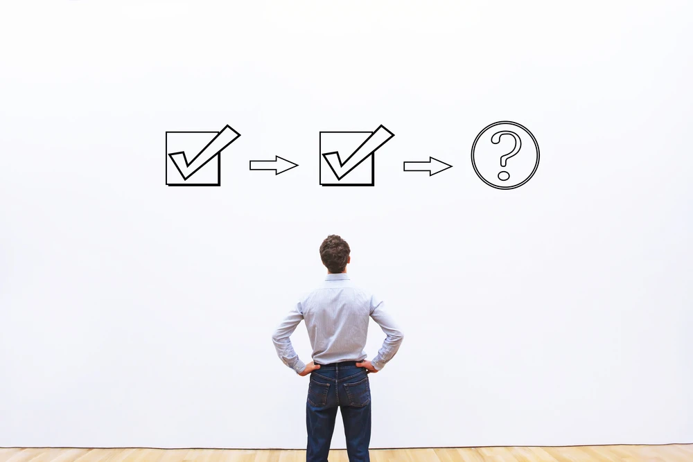 A business man staring at a white board with two checkmarks and a third step marked with a question mark. This is the header image accompanying a blog post titled - What Happens After a Trial Work Period for Social Security Disability in North Carolina?